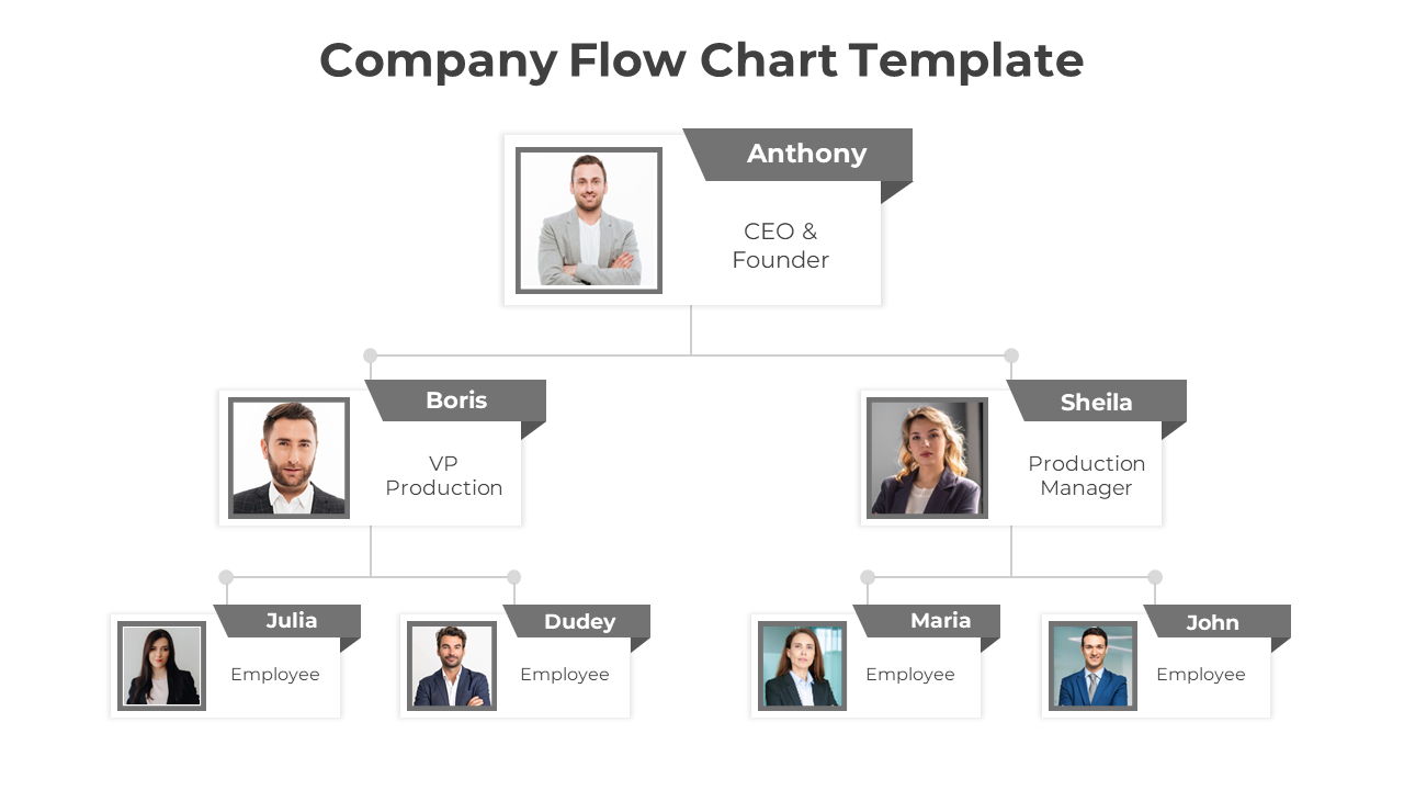 Company flowchart showing leadership structure from CEO to department heads and employees in three levels.