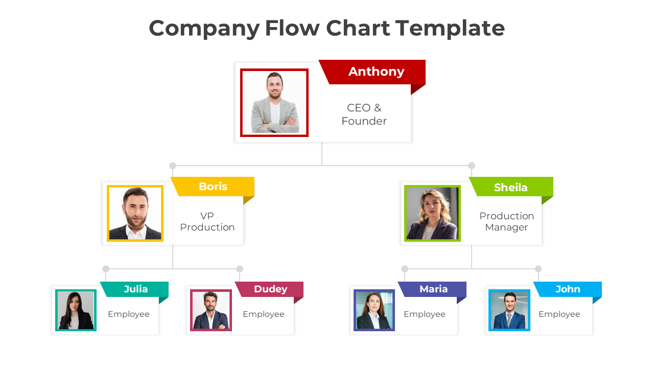 Company hierarchy flowchart with color coded sections showing the CEO, VP of Production, and various employees in a layout.