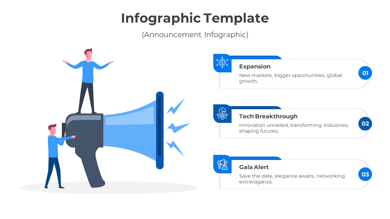 Illustration of a megaphone with two figures interacting, and three numbered text boxes with icons, all in blue accents.