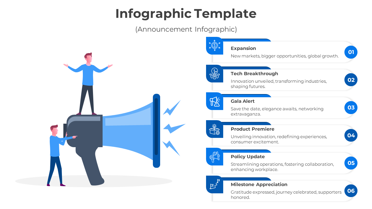 Infographic template featuring a megaphone with two figures and six labeled sections on the right for announcements.