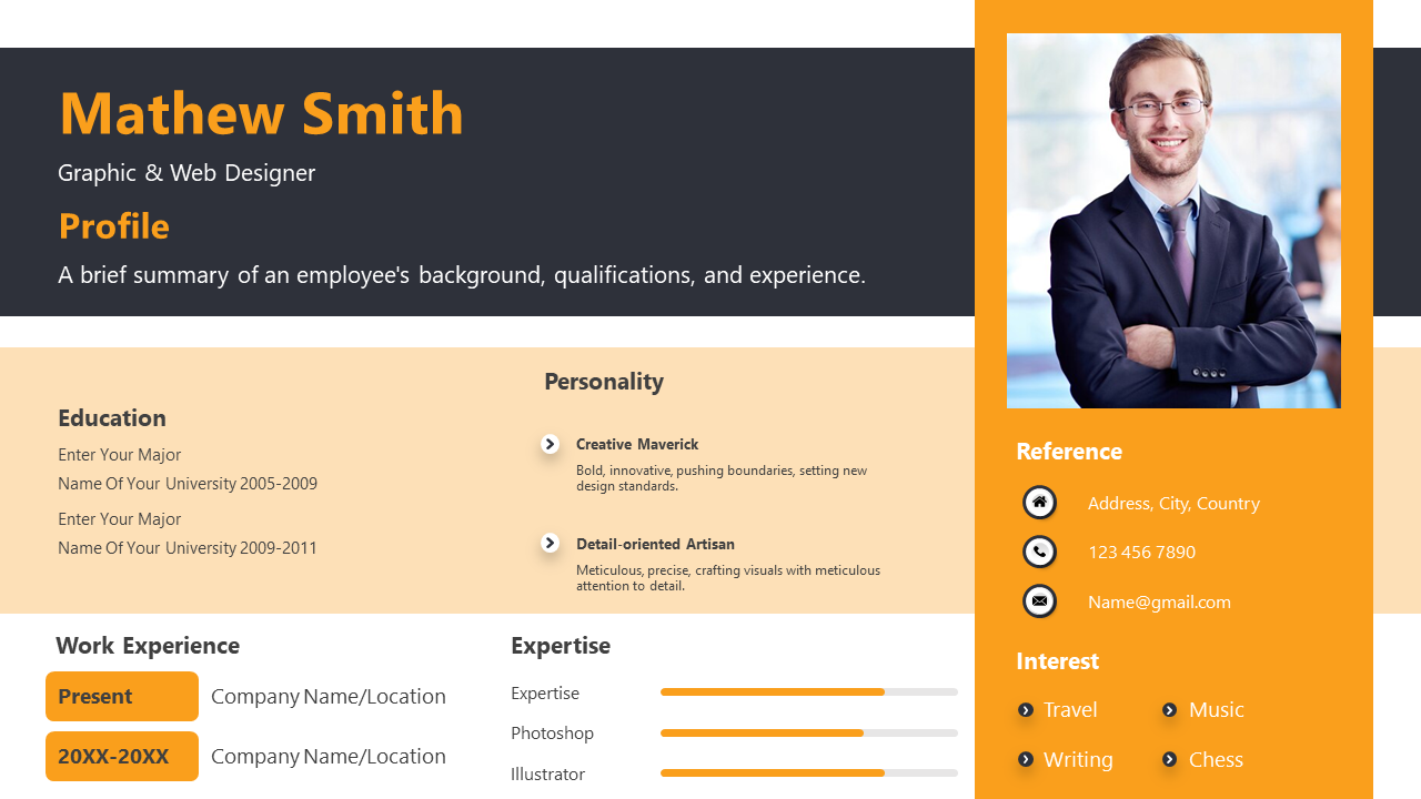 A professional resume slide for Mathew Smith, a graphic and web designer, showcasing various sections.