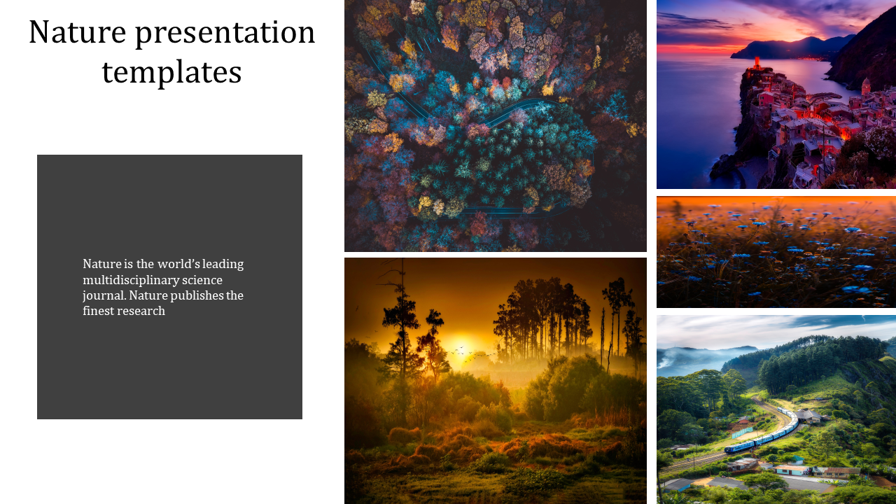 Slide with a dark gray text box on the left and five vibrant nature photos arranged in a grid on the right.