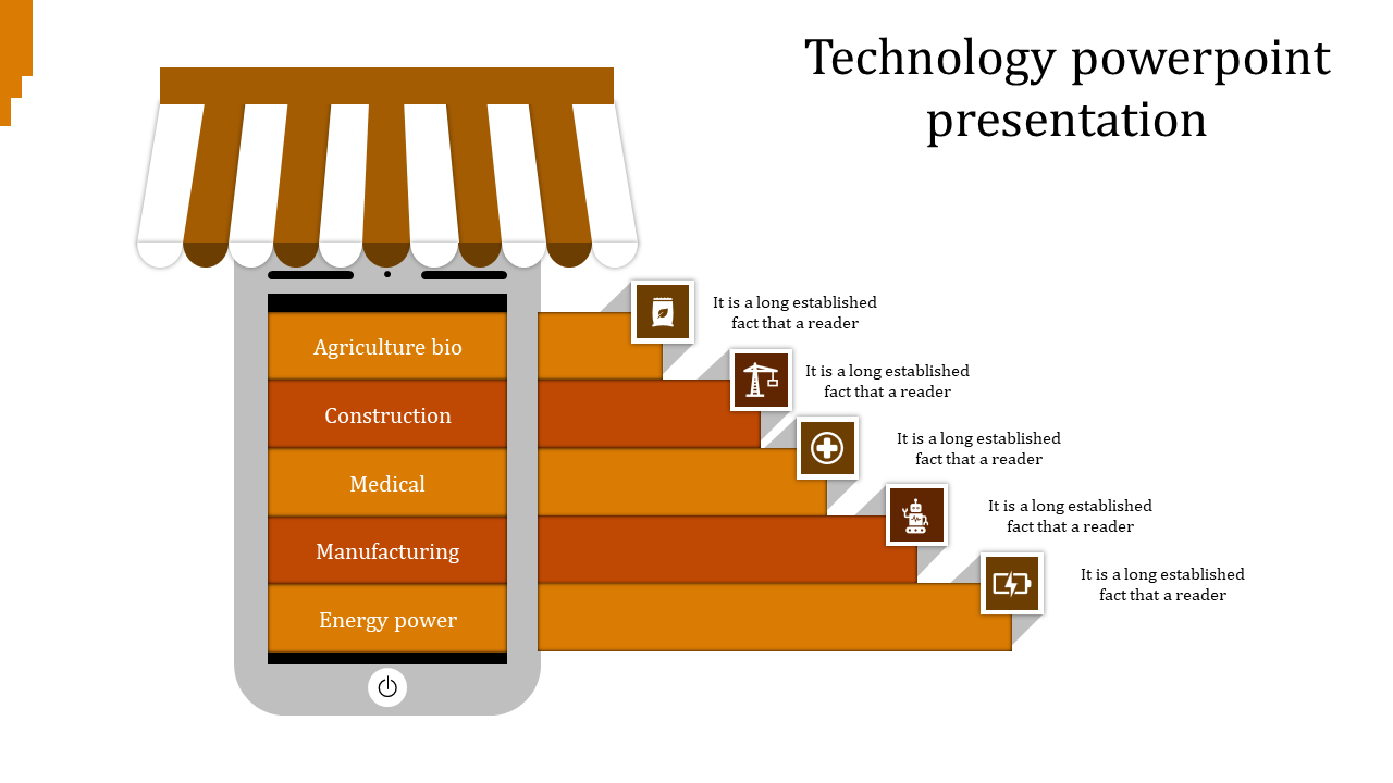 Technology slide with mobile phone illustration displaying five orange industry categories under a striped storefront awning.