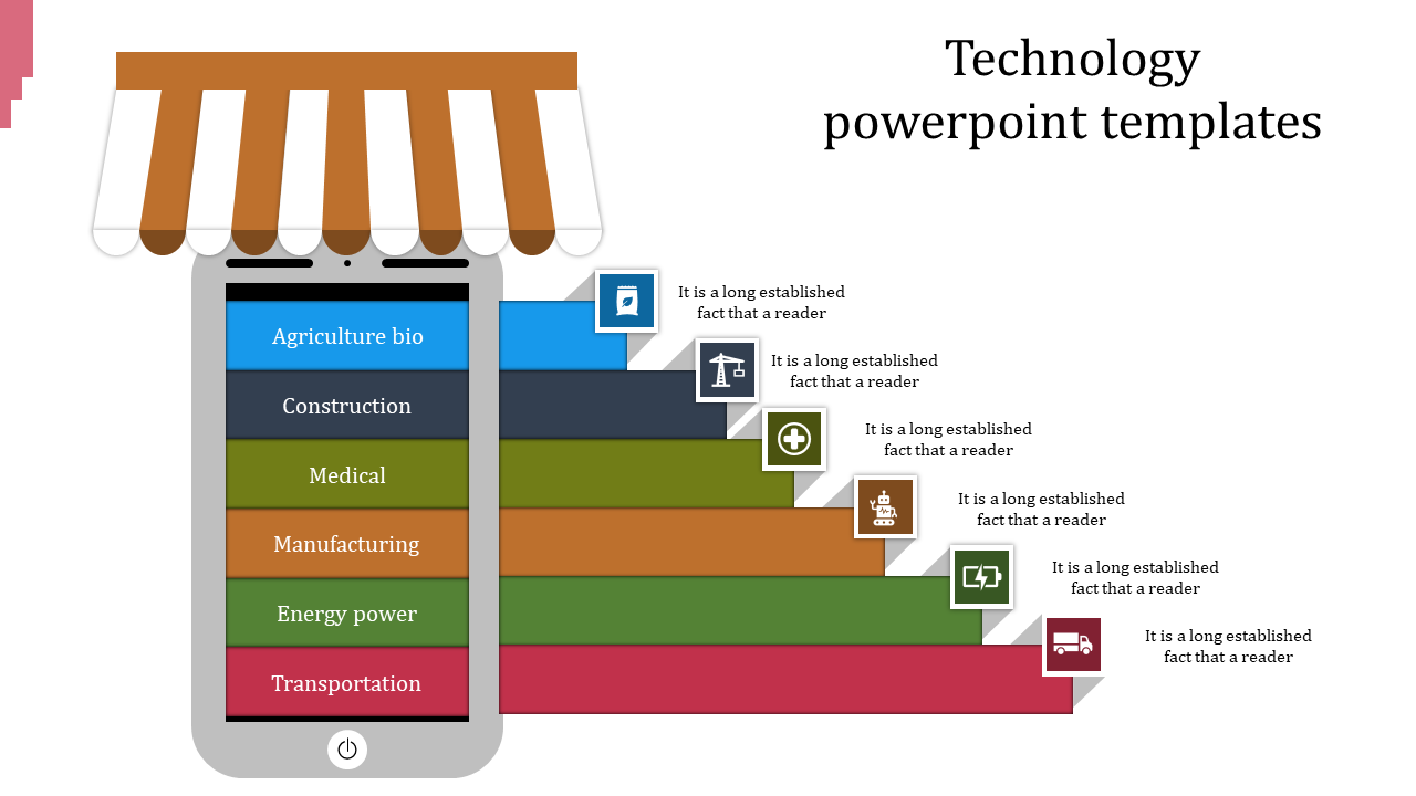 Technology PowerPoint slide showing various industry sectors from agriculture bio to transportation with icons.