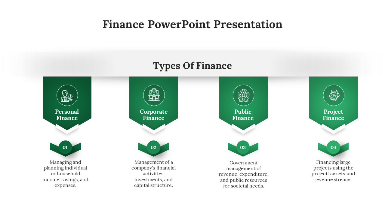 Slide featuring four green sections with icons and descriptions of different finance types in a structured format.