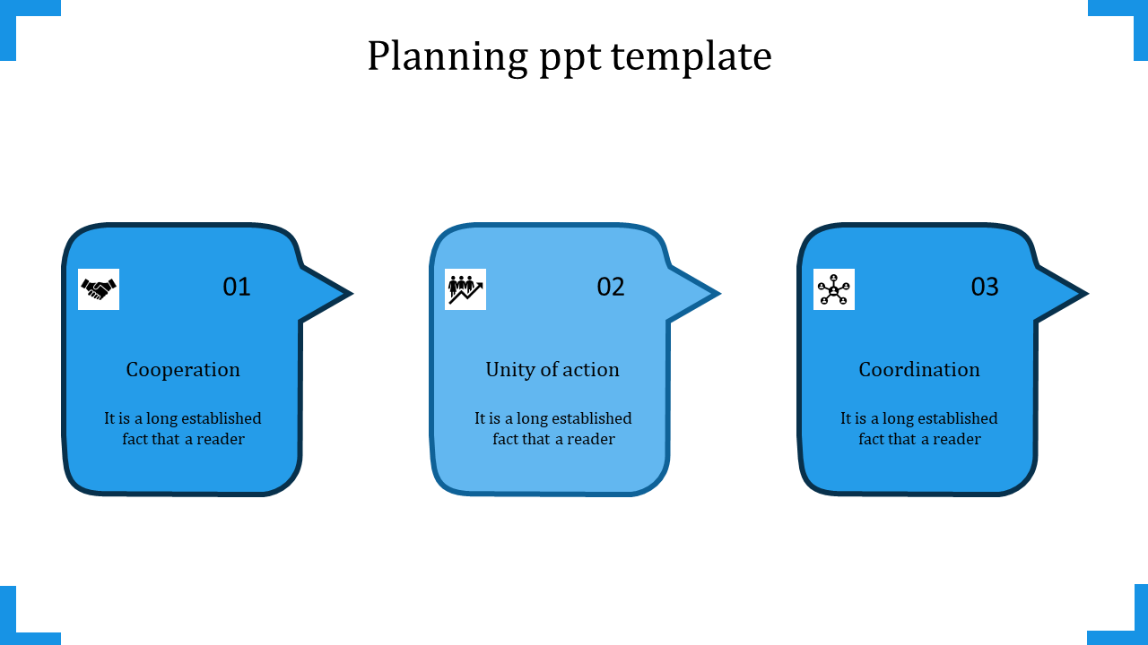 White layout featuring three blue speech bubble designs with numbered steps and corresponding icons.