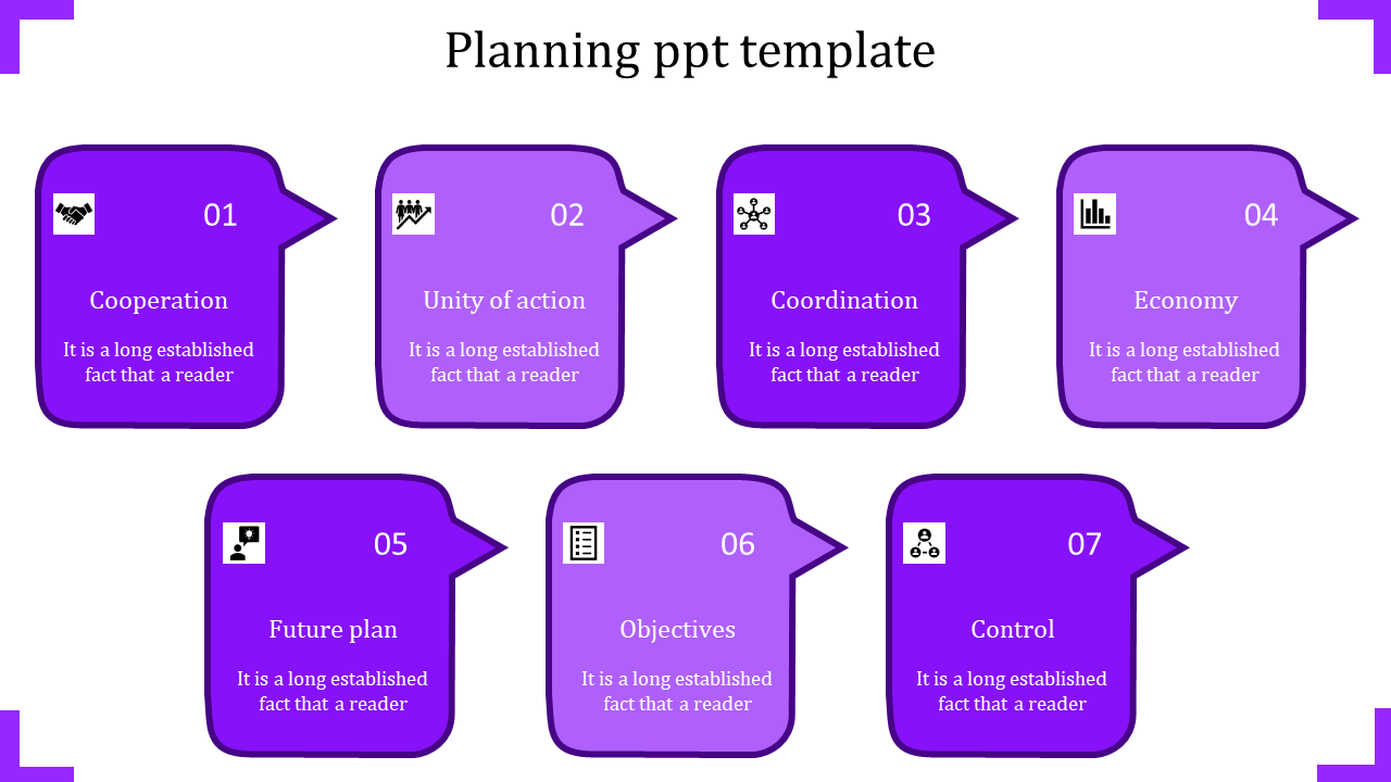 Seven purple speech bubble shapes arranged in two rows, each labeled with numbers, icons, and descriptive text.