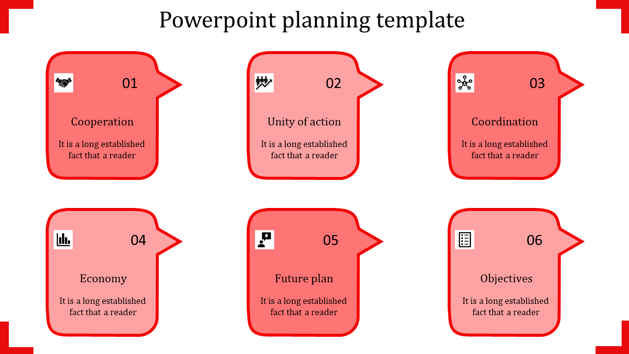 Six red speech bubble shapes arranged in two rows, each labeled with icons and text, on a white background.