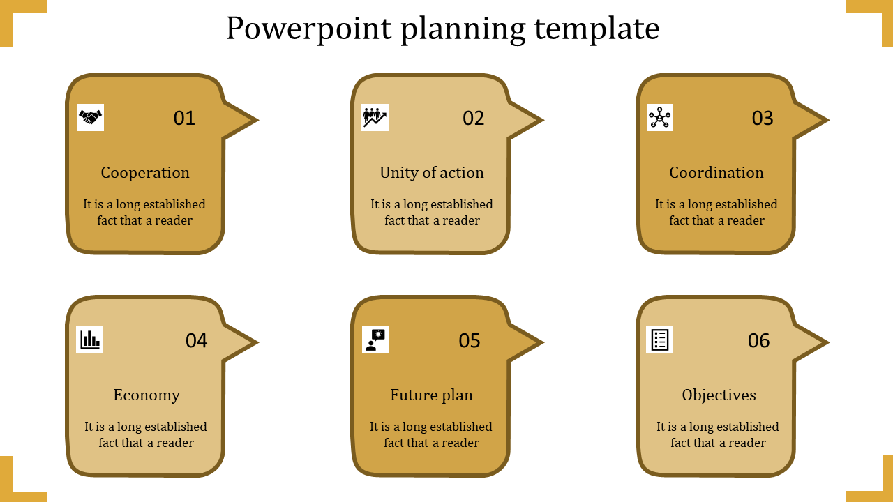 A yellow themed PowerPoint planning template featuring six sections from the Cooperation to Objectives with icons.