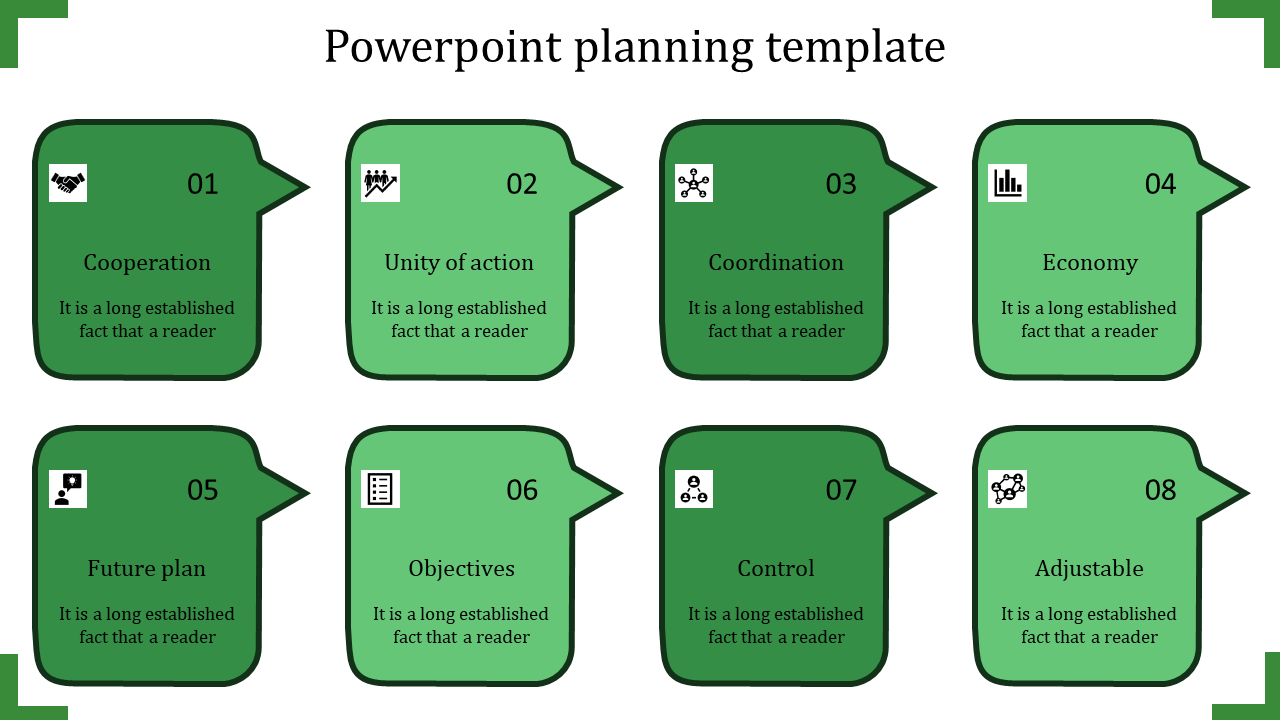 Two row layout of eight green speech bubble shapes representing planning steps, each featuring icons and labels.