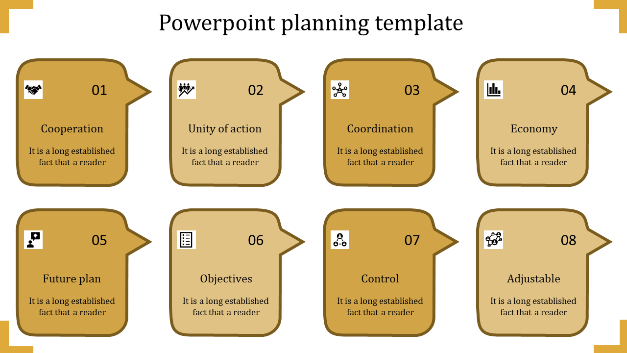 Infographic featuring eight planning steps in yellow speech bubbles, labeled from 01 to 08 with distinct icons.