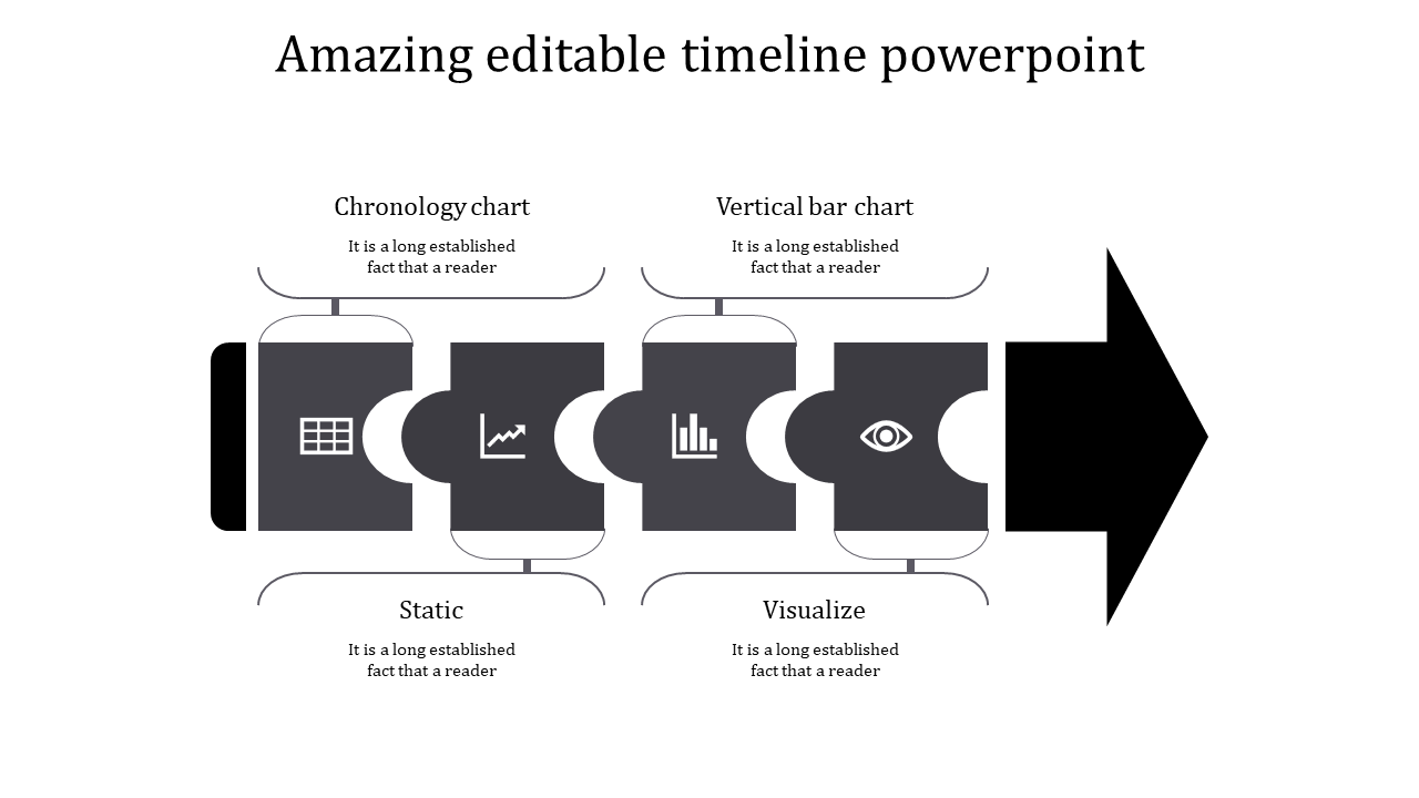 Timeline PowerPoint template showcasing Chronology chart, Vertical bar chart, Static, and Visualize steps with grey icons.