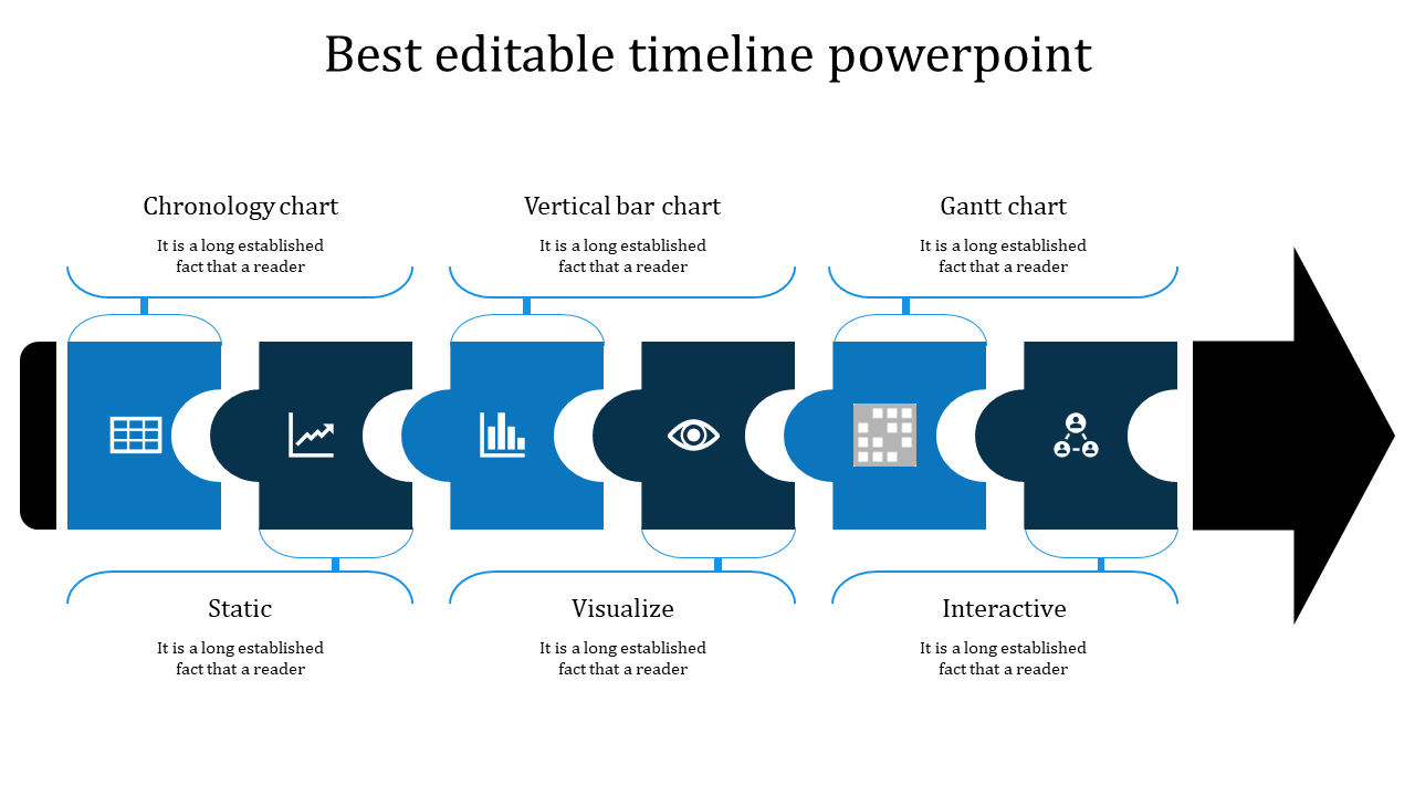 Timeline PowerPoint template with six sections with blue colored icons with placeholder text.