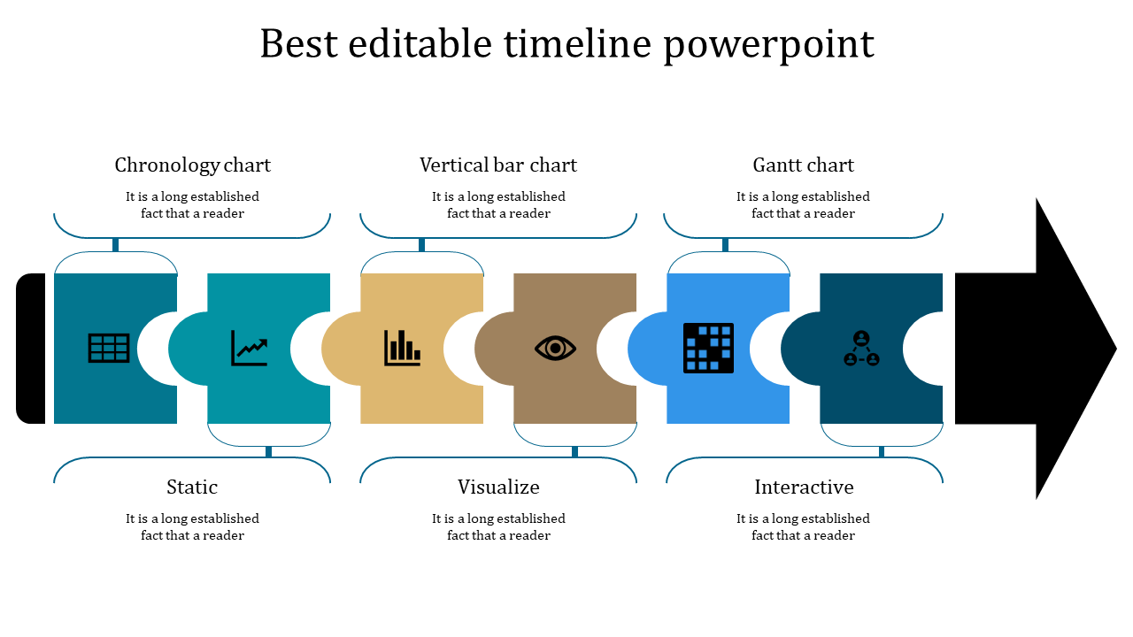 Timeline PPT slide featuring various charts with categories like static, visual, and interactive icons and placeholder text.