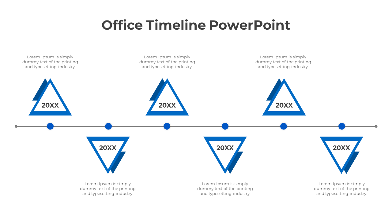 Office timeline with six alternating blue triangular markers and dots, connected by a straight line, on a white background.