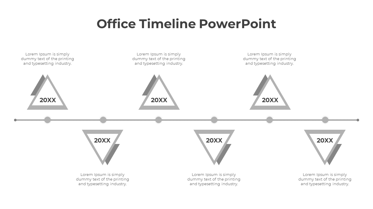 Horizontal office timeline with a series of triangular milestones marked with dates along a central line.