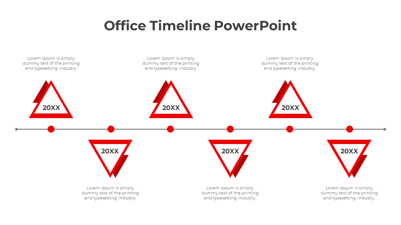 Office timeline slide featuring red triangles with year placeholders along a horizontal timeline.