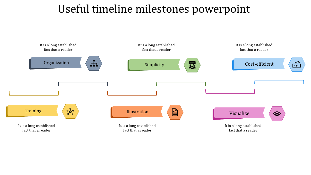 Timeline design with gray, green, blue, pink, orange, and yellow shapes and icons, connected by lines.