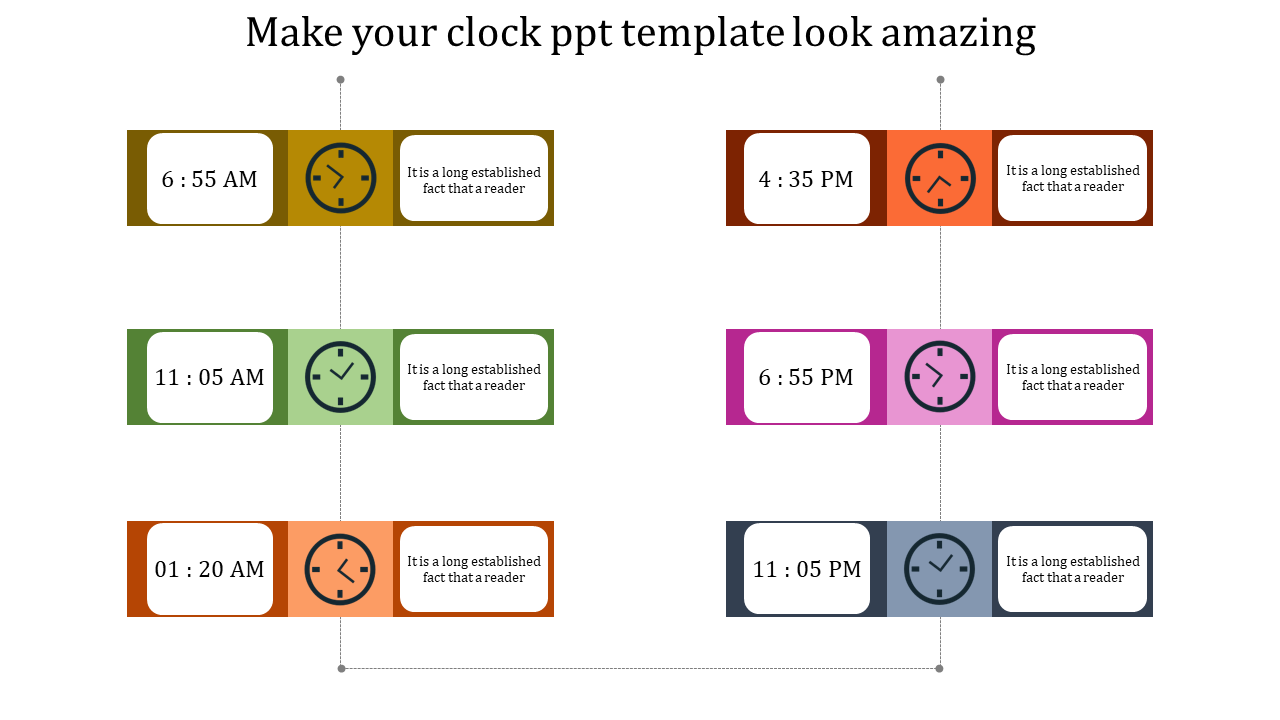 Visual colorful layout for a clock themed PowerPoint template featuring different times and notes.