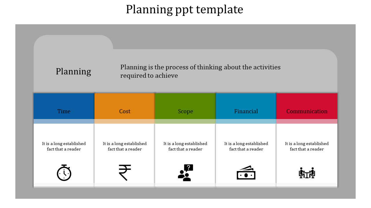 Planning PowerPoint slide with five key elements from time to communication, each with icons and placeholder text.