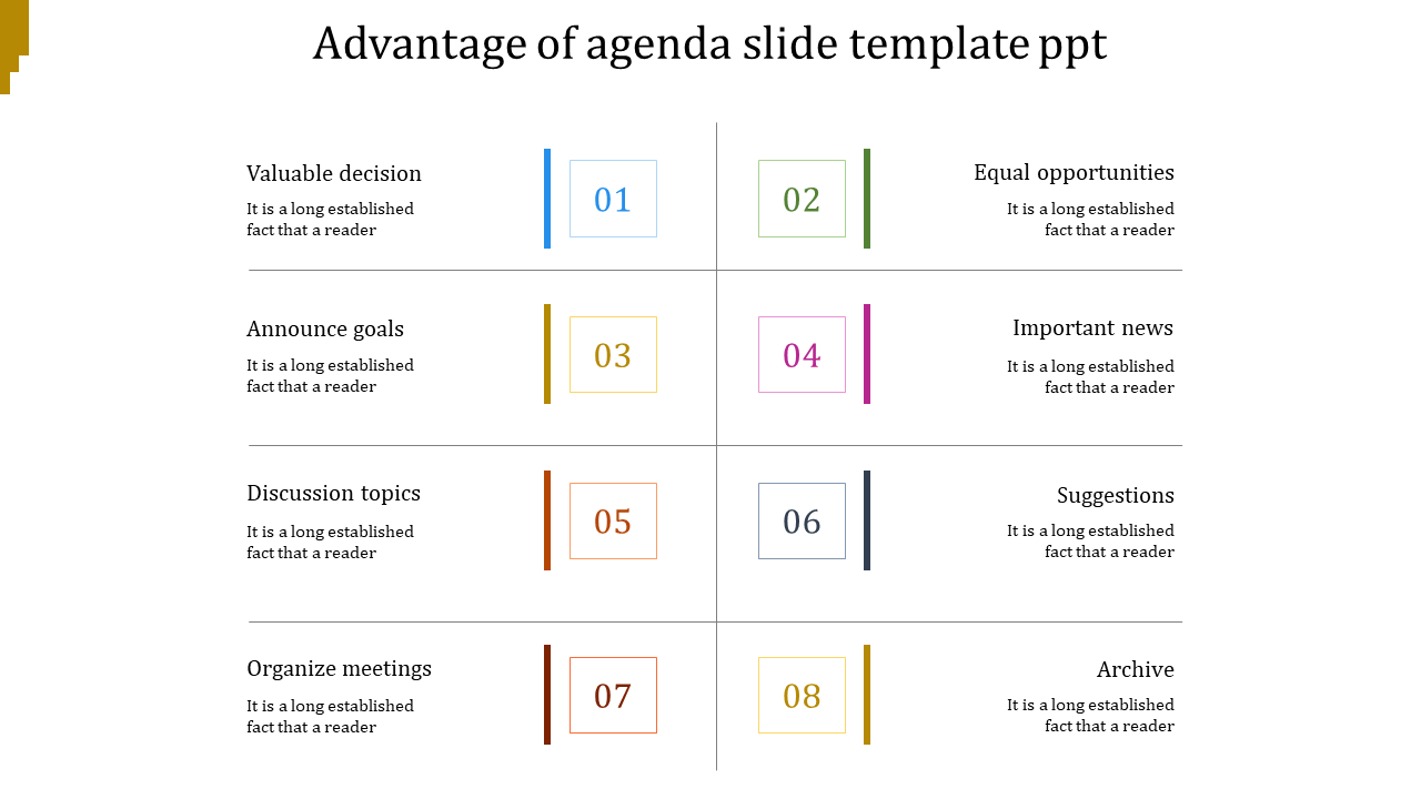 Agenda slide with eight colored items arranged in two columns, each labeled with a number and text describing its benefit.