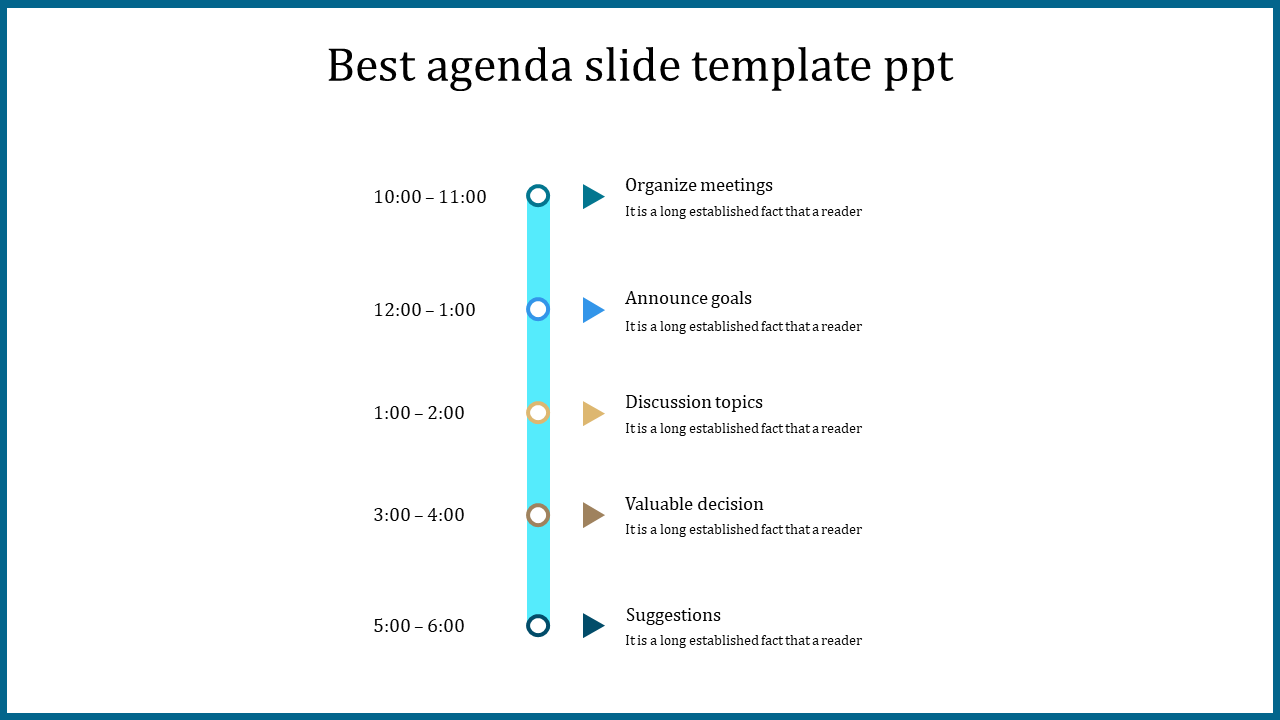 Agenda slide with a vertical blue line, featuring time slots on the left, and meeting task with icons on the right.