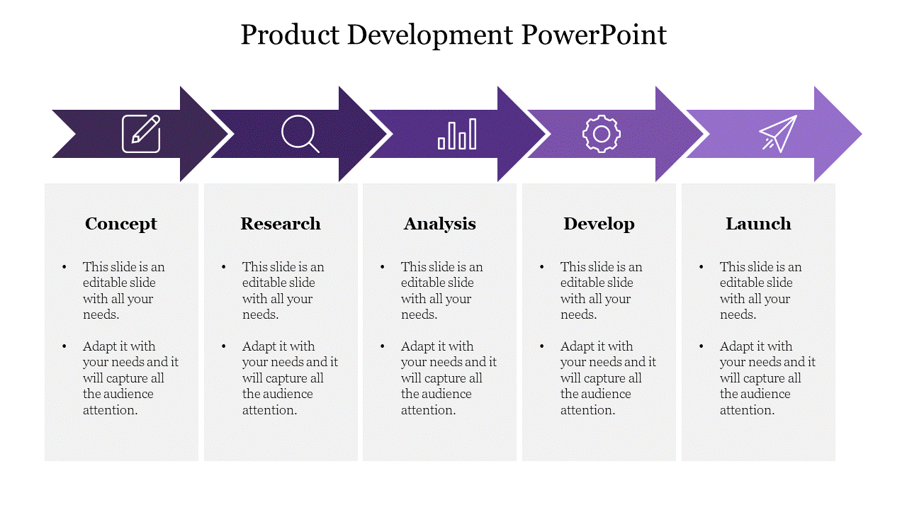 Five gradient purple arrows arranged in a horizontal line, each with corresponding text boxes underneath.