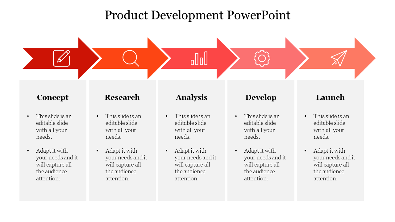 Product development PowerPoint slide with steps from concept to launch, featuring red arrows and icons for each phase.