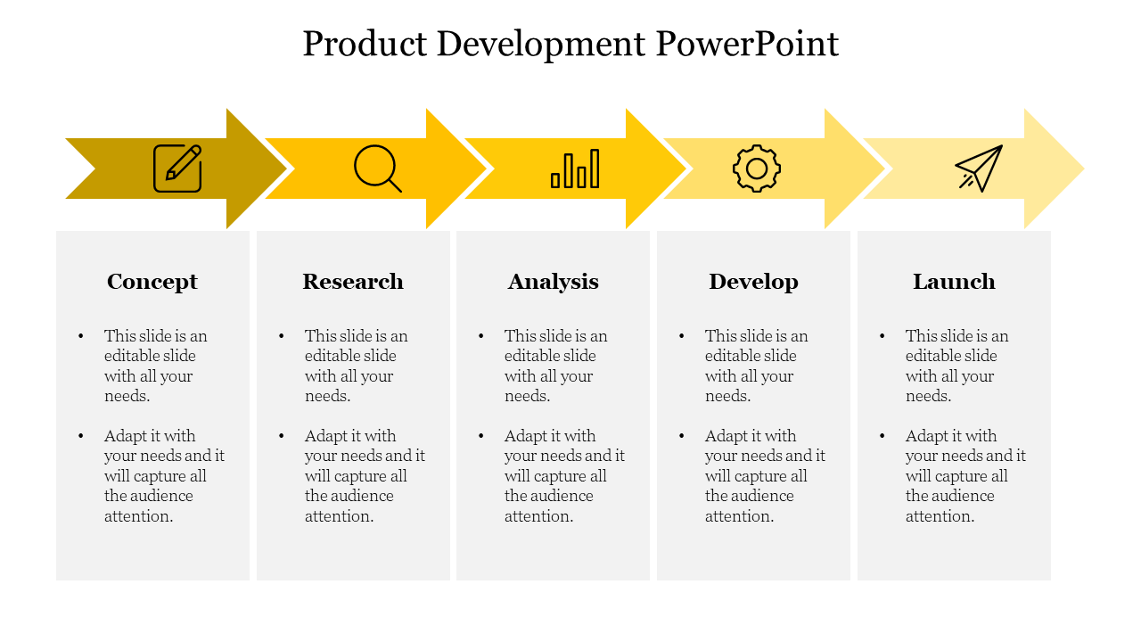 Product development PowerPoint template with a flowchart from Concept to Launch, with corresponding icons.