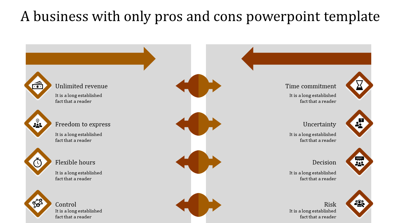 Pros and cons of business template with icons in diamond shapes and descriptions aligned in two columns.