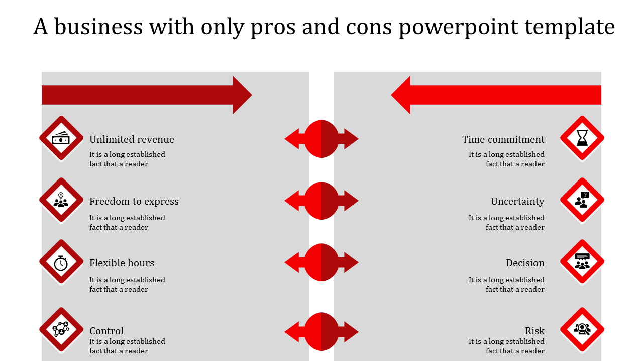 Red arrows and icons highlighting pros and cons in a split design with a central divider on a light gray background.