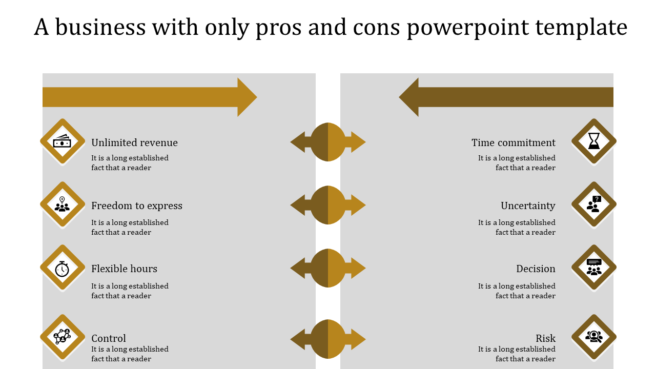 Pros and cons comparison slide with two columns featuring gold icons and arrows pointing to advantages and disadvantages.