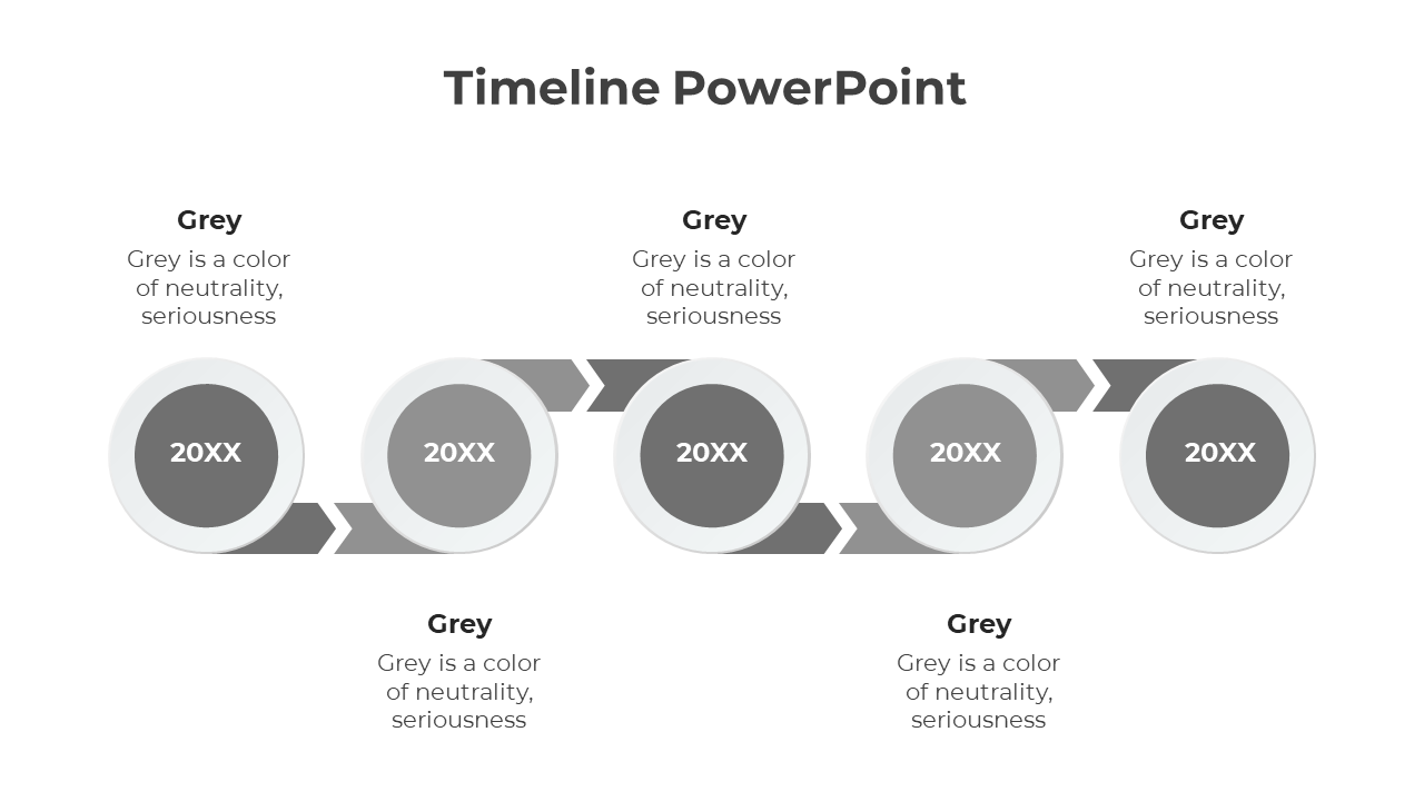 A timeline PPT slide featuring grey circles representing years, with arrows and descriptions about the color grey.