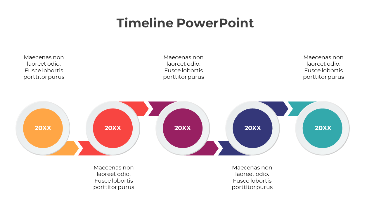 Timeline design with five colored circles in yellow, orange, purple, blue, and teal, representing years, connected by arrows.