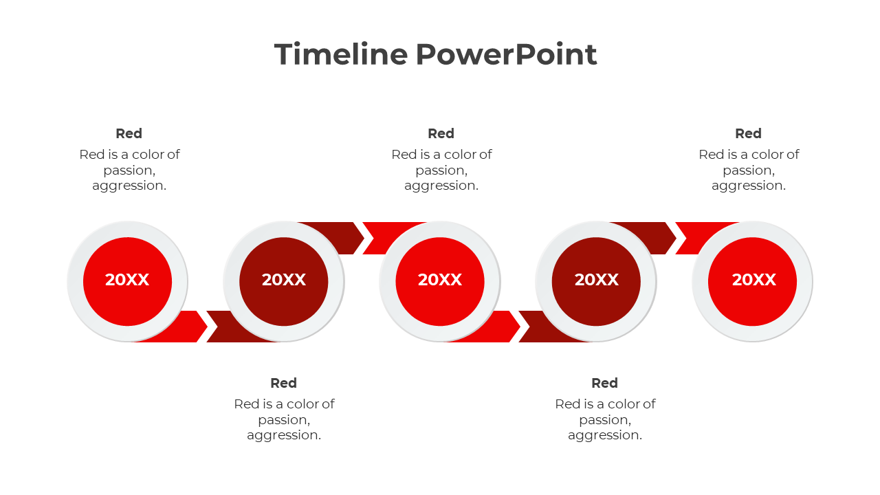 A timeline PPT slide with circular markers, each representing a year, and arrows with descriptive text about the color red.