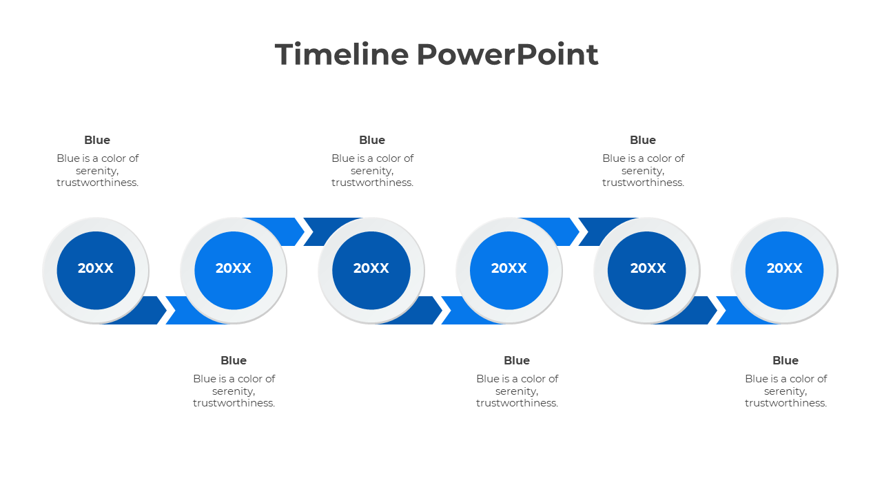 Modern timeline infographic with six blue circles and arrows, displaying key milestones in a step by step flow.