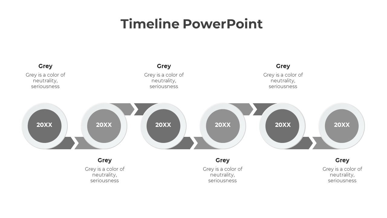 A timeline PowerPoint slide featuring grey circular markers with directional arrows with placeholder text.