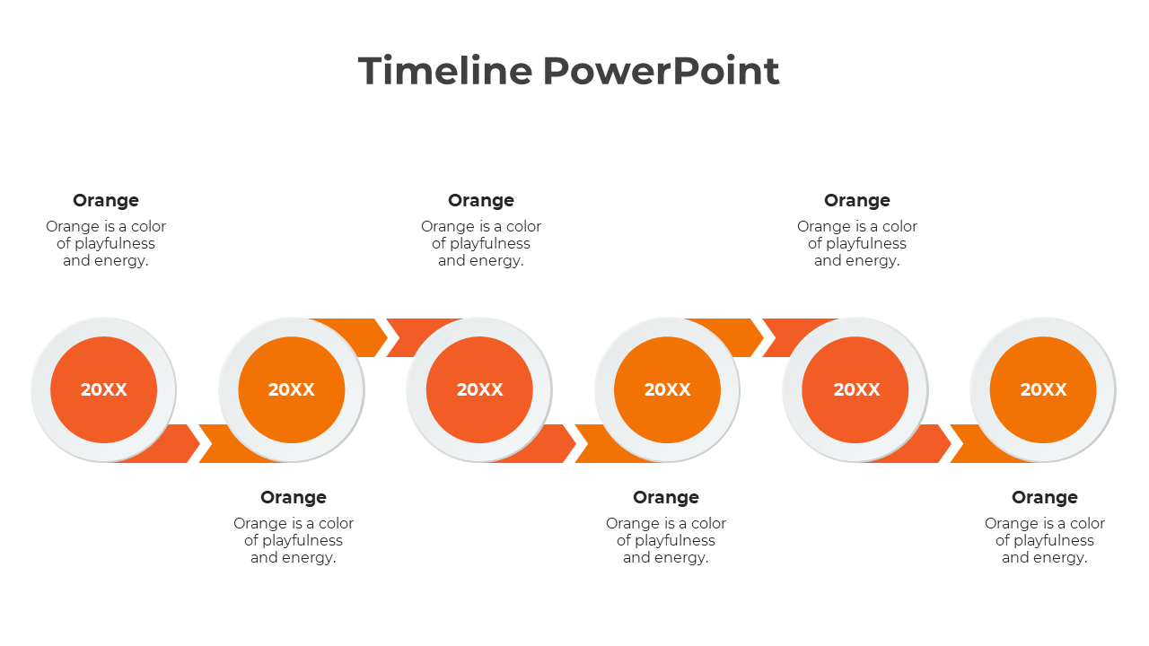 Timeline slide with alternating orange circles labeled 20XX, connected by chevron arrows, and descriptive text.