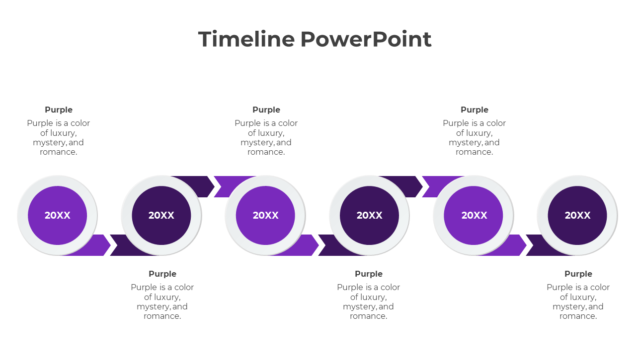 Professional timeline template featuring six purple circles linked by arrows, displaying a process on a white backdrop.