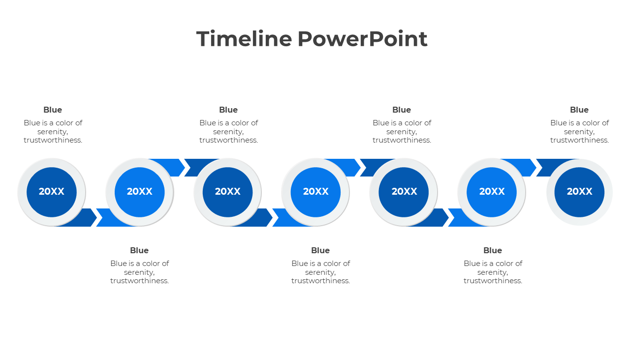 A clean timeline design for PowerPoint slide featuring blue circular milestones with years and descriptions.