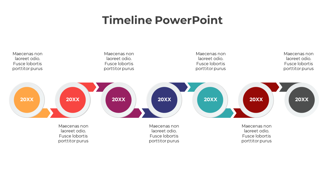 Horizontal timeline with seven circular milestones in different colors, connected by arrows on a white background.