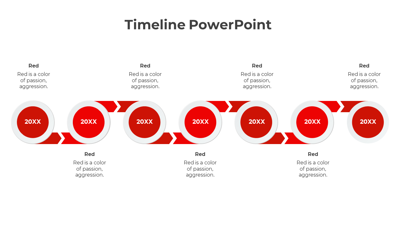 Horizontal red timeline with seven circular milestones labeled 20XX, connected by arrows on a white background.