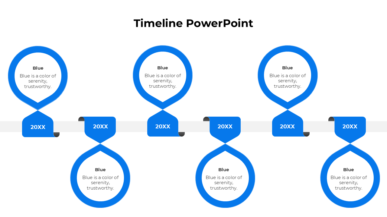 A blue themed cool timeline PowerPoint template with multiple steps, showcasing years and captions in circular segments.