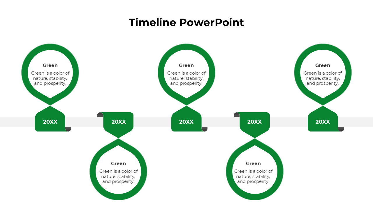 Modern timeline infographic with five bold green loops and milestone labels arranged along a central horizontal axis.