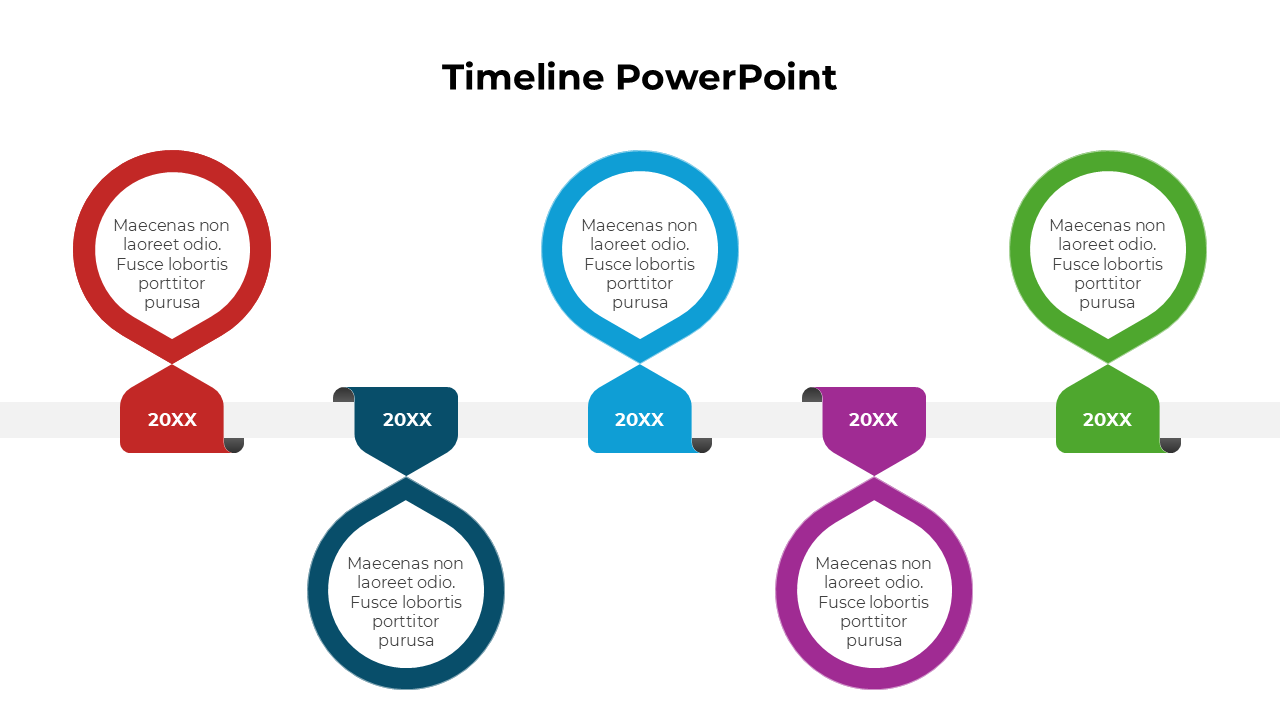 Timeline with alternating curved milestones in red, blue, teal, purple, and green, connected by a central horizontal bar.