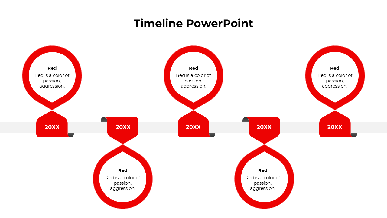 Business timeline slide with five red circular elements, on a horizontal connector, and text placeholders for key events.