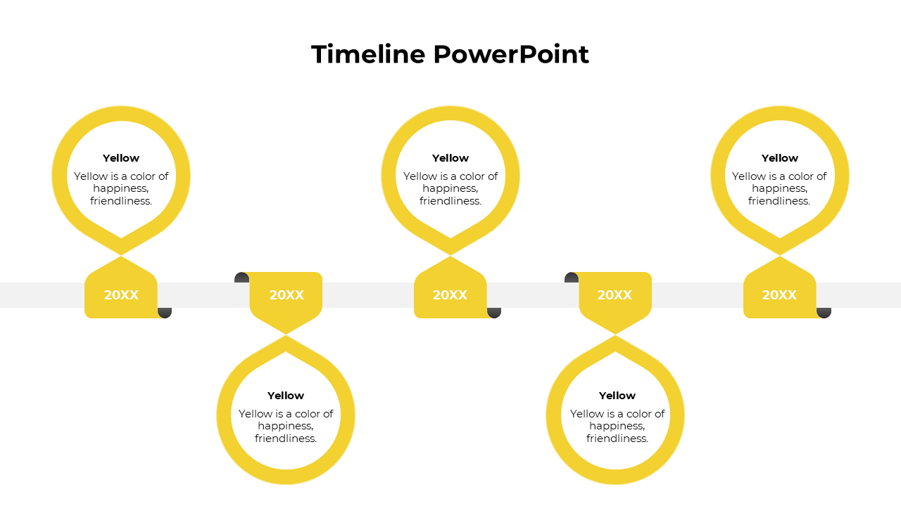 A timeline PowerPoint template in vibrant yellow, featuring circular markers and connecting arrows for each milestone.