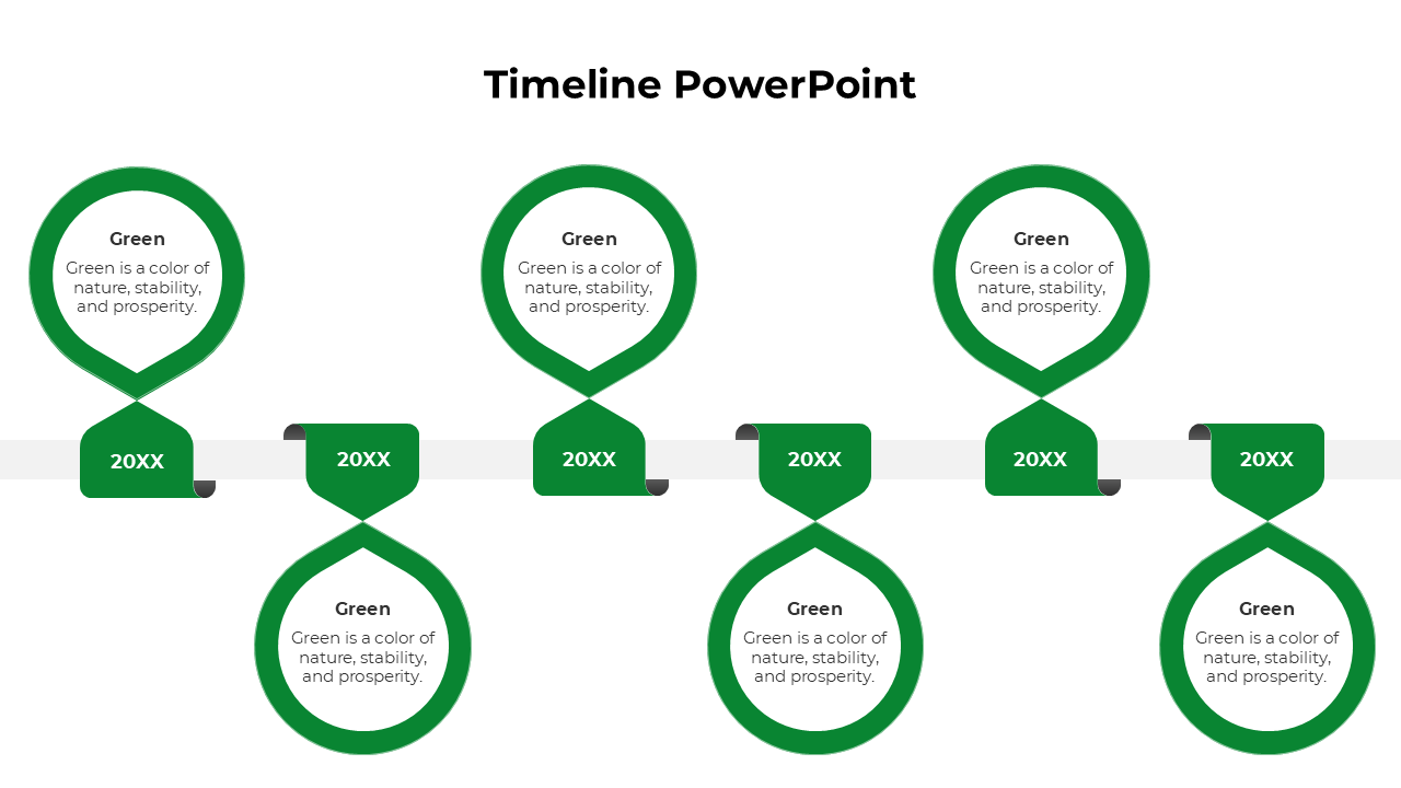 Timeline template with six green teardrop shapes looping above and below a central horizontal line, highlighting milestones.