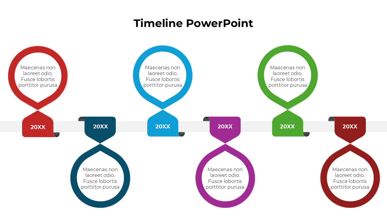 Timeline slide with alternating loop shaped markers in red, blue, teal, purple, green, and brown along a horizontal axis.