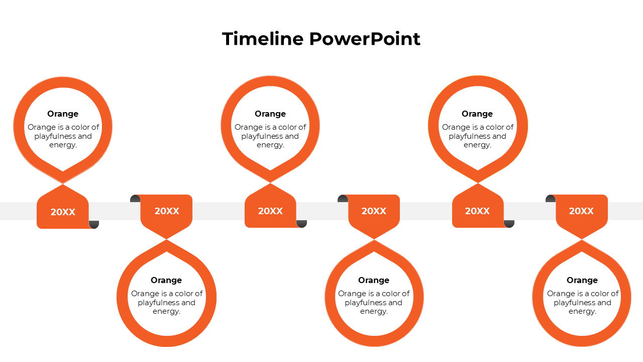 A sleek orange timeline PowerPoint template showcasing six circular markers for each year along with descriptions.